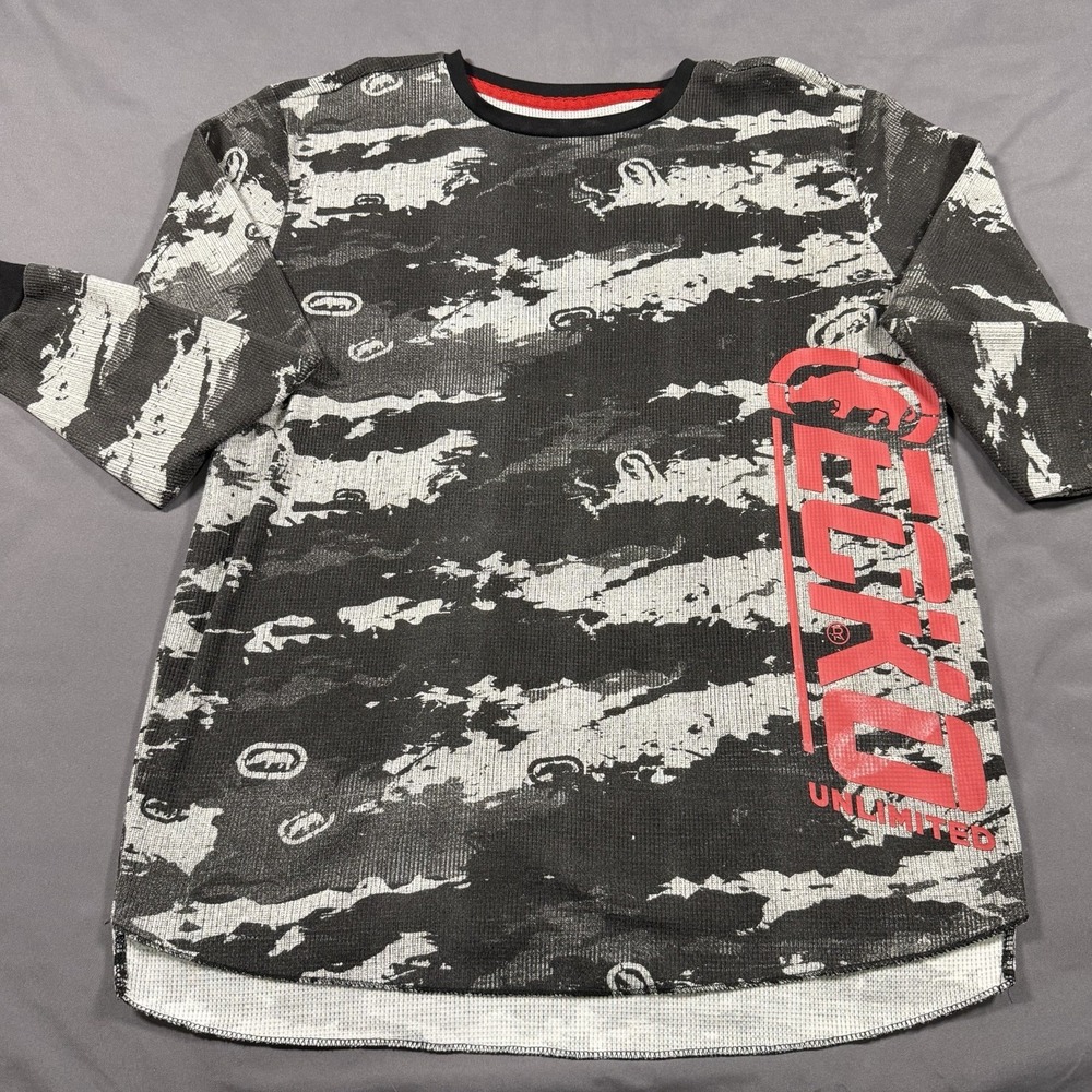 Ecko Unltd Thermal Shirt X Large XL Gray Long Sleeve Camo Red Logo y2k‎